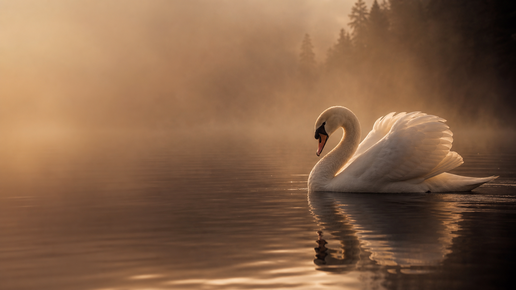 Ein weißer Schwan gleitet im Morgenlicht über einen ruhigen See